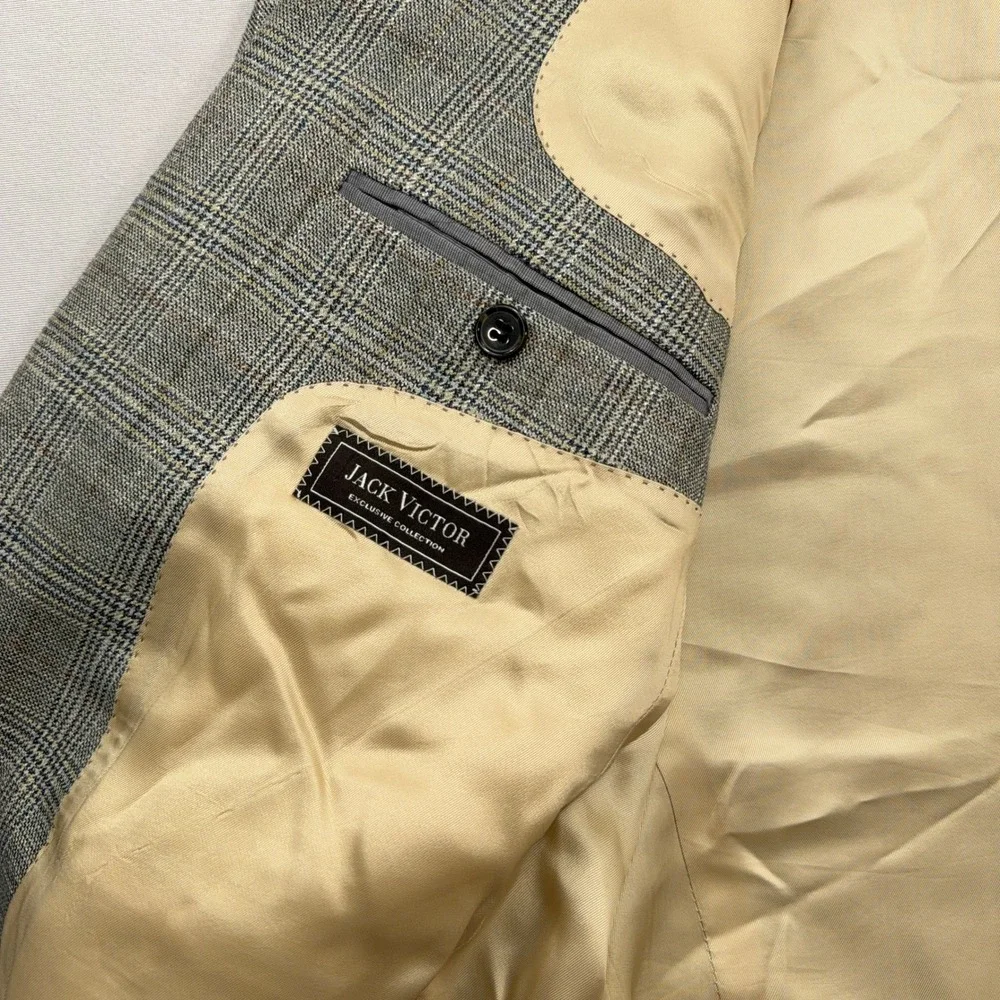 Jack Victor Sport Coat Glen Plaid Bamboo Blazer Grey Tan Mens 42R Blazer